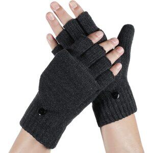 Women's Dark Gray Windproof Fingerless Lining Mittens Flip Cover Fashion Gloves